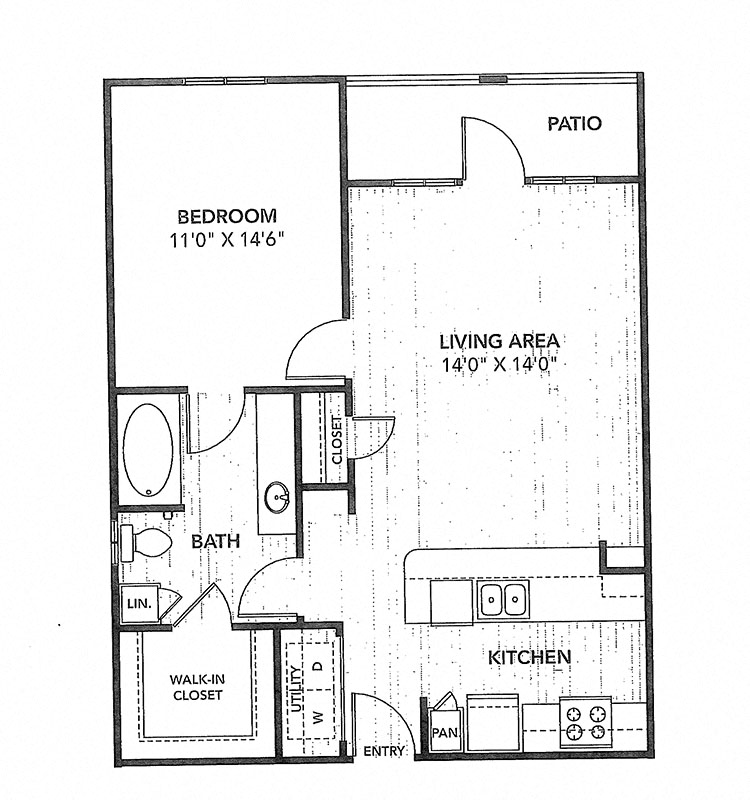 Floor plan for 1 bed, 1 bath, 786 sqft